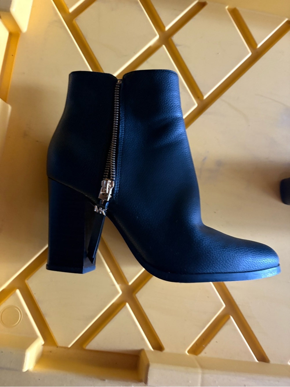 Michael Kors Black Leather Block Heel Ankle Boot with Side Zip